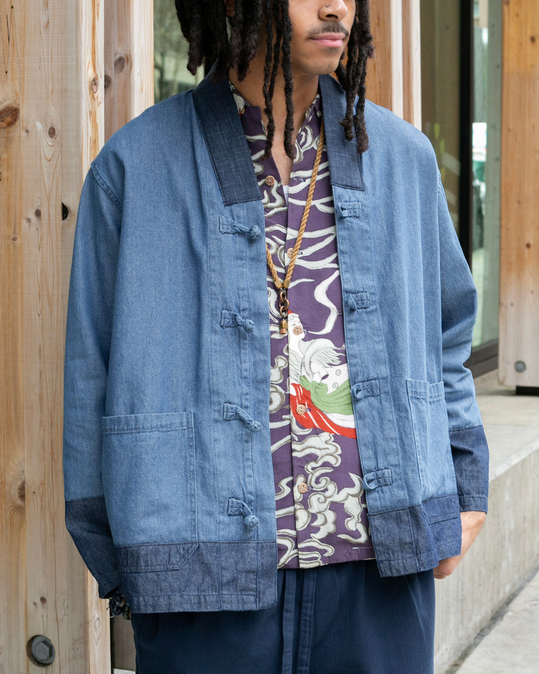 Kiriko Original Two Tone Denim Jacket, Mandarin Style, Light Indigo with Dark Indigo