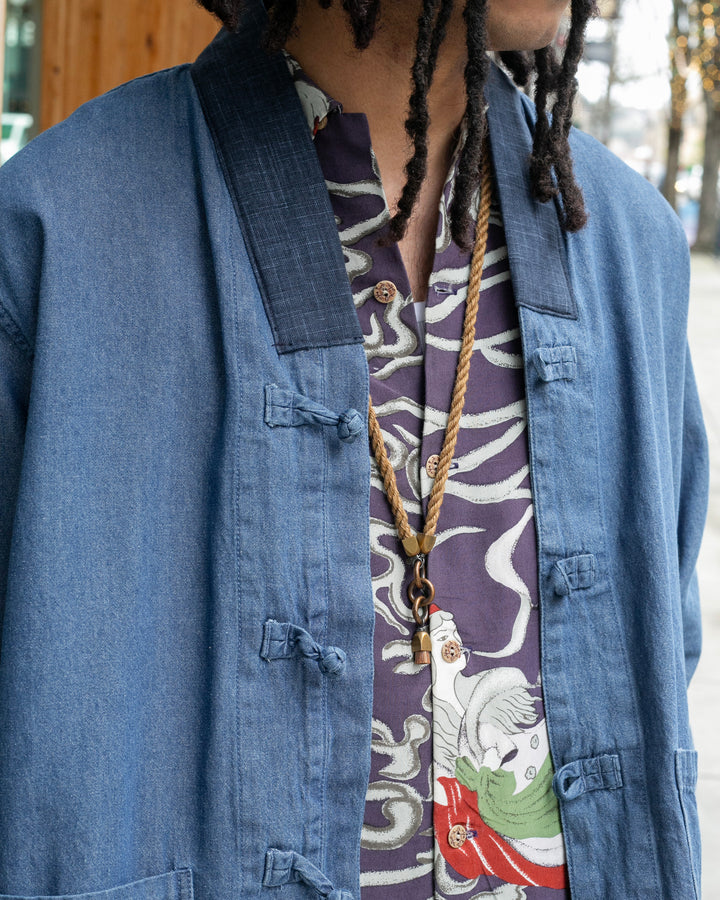 Kiriko Original Two Tone Denim Jacket, Mandarin Style, Light Indigo with Dark Indigo