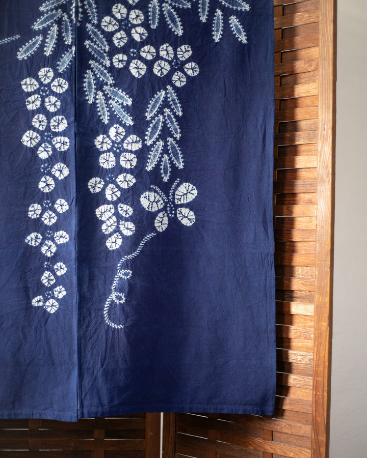 Vintage Noren, Indigo Shibori, Flowers and Butterflies