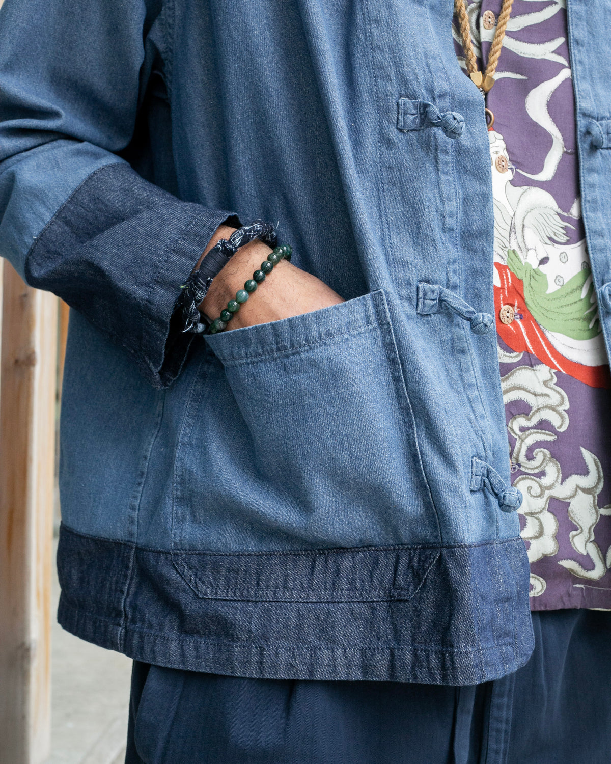 Kiriko Original Two Tone Denim Jacket, Mandarin Style, Light Indigo with Dark Indigo