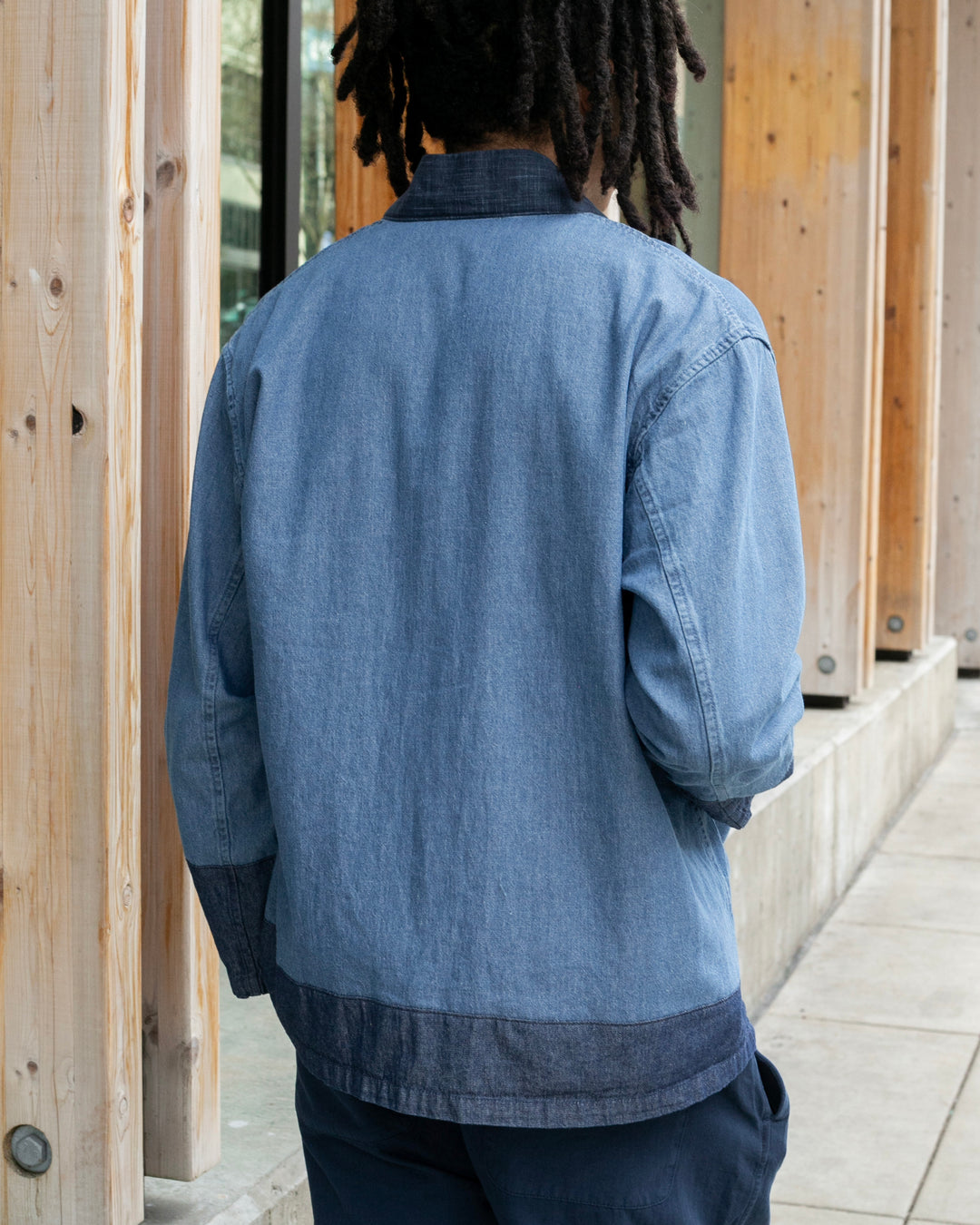 Kiriko Original Two Tone Denim Jacket, Mandarin Style, Light Indigo with Dark Indigo