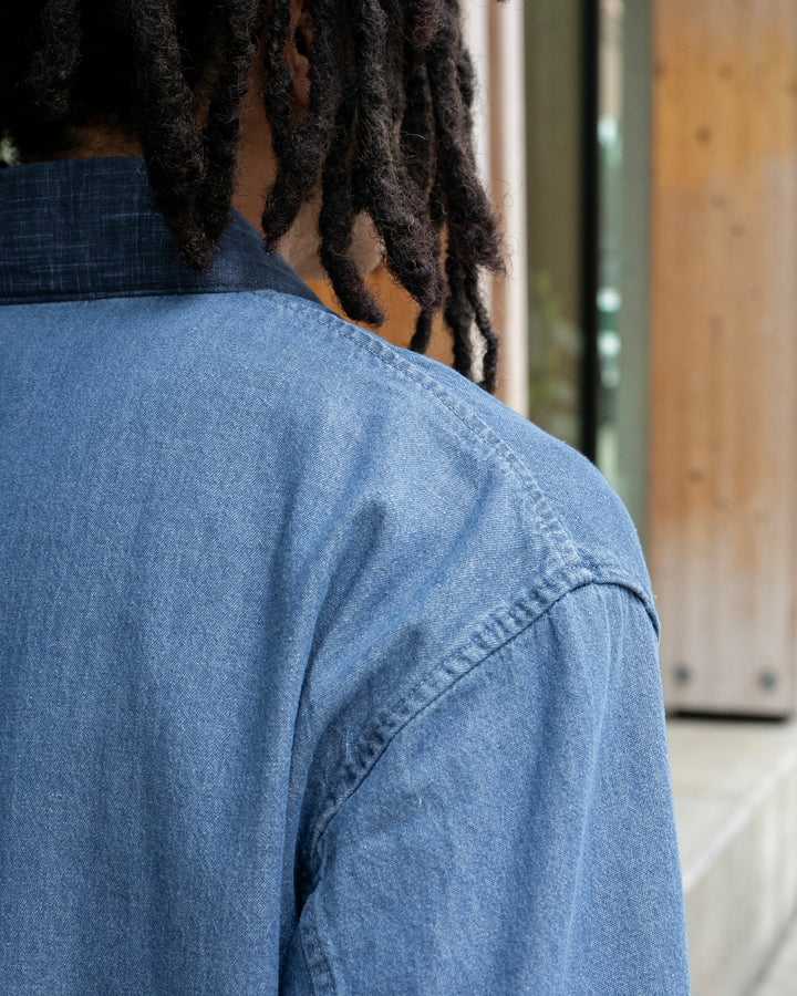Kiriko Original Two Tone Denim Jacket, Mandarin Style, Light Indigo with Dark Indigo