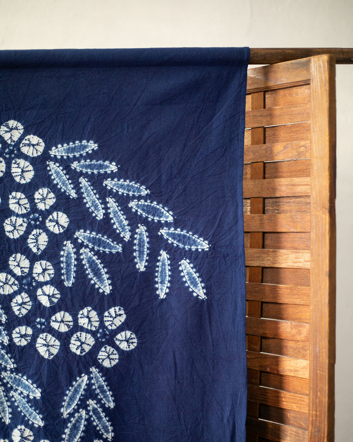 Vintage Noren, Indigo Shibori, Flowers and Butterflies