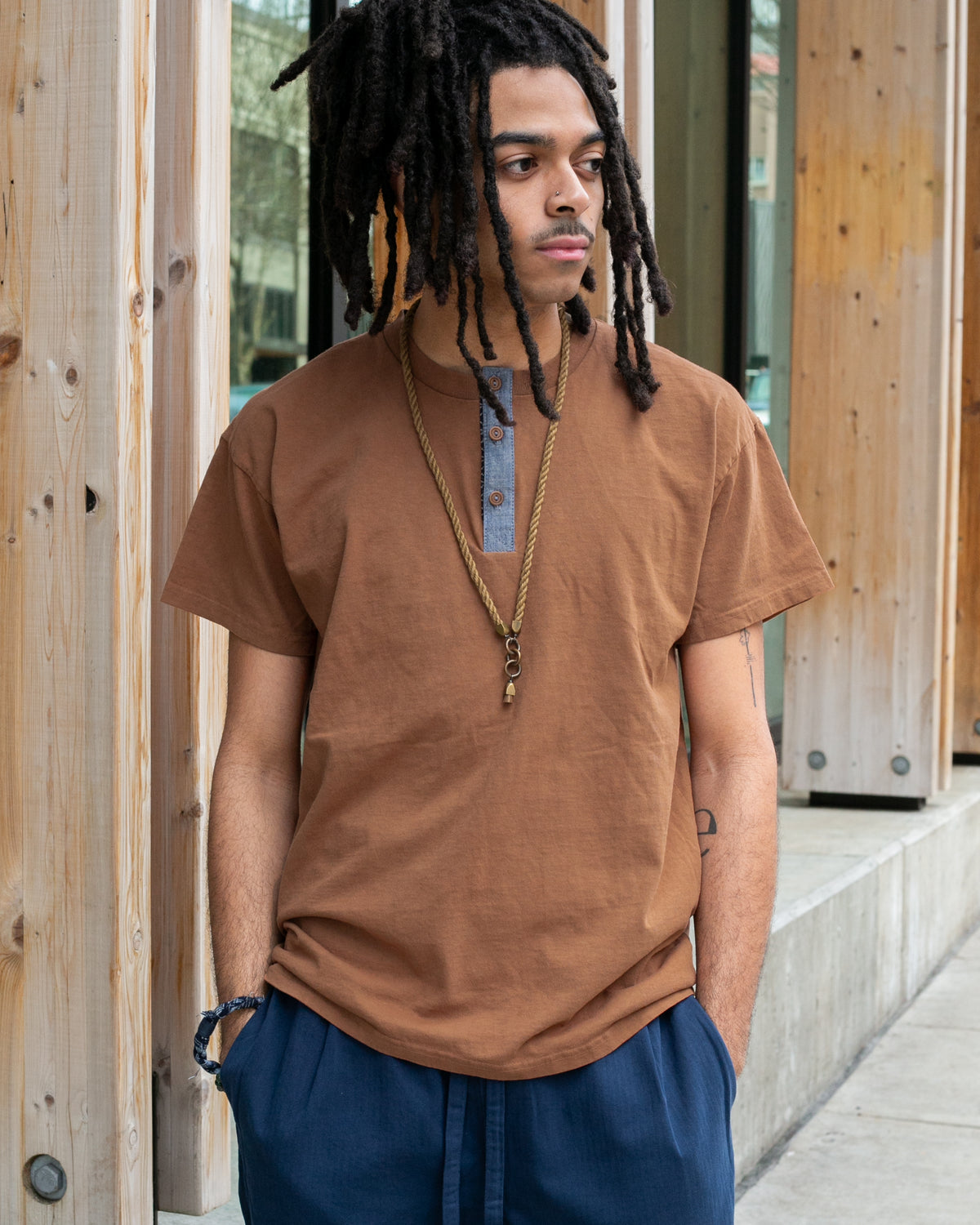 Kiriko Original Tee, 8oz Cotton, Henley Tee, Terracotta with Chambray, Indigo Shippou