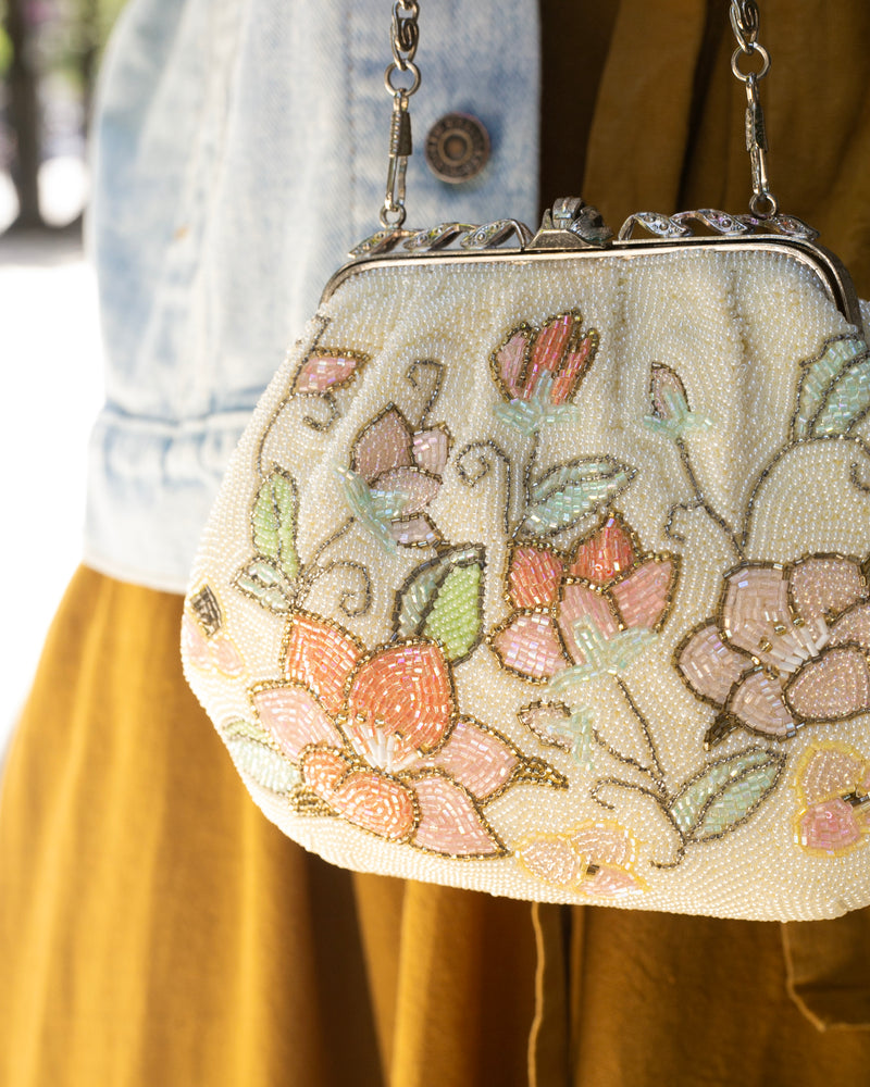 Vintage Bag, Clutch, Beaded, Ivory with Lotus Flowers – Kiriko Made