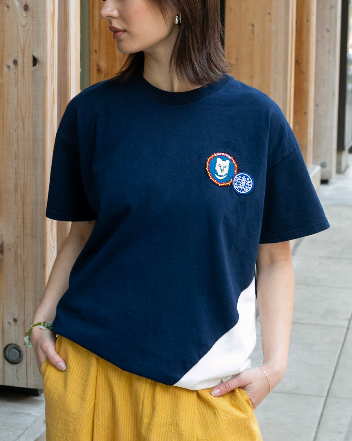 Kiriko Original Tee, 8 oz Cotton, Two Tone Tee with Two Patches, Navy with White