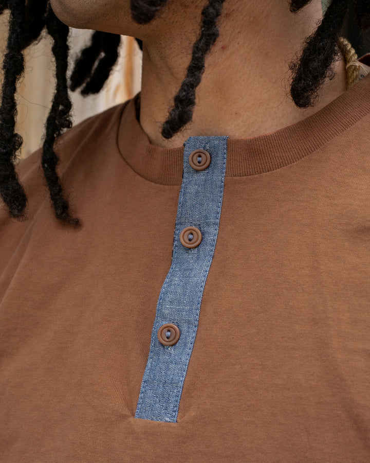 Kiriko Original Tee, 8oz Cotton, Henley Tee, Terracotta with Chambray, Indigo Shippou