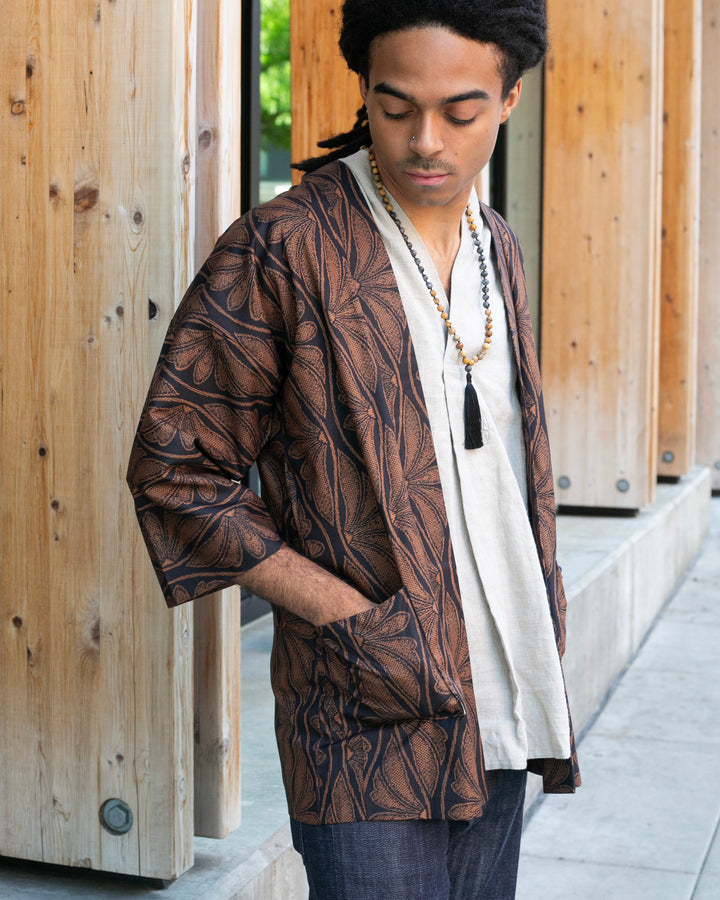 Kiriko Custom, Altered Kimono Jacket, Brown with Wave and Flower Pattern
