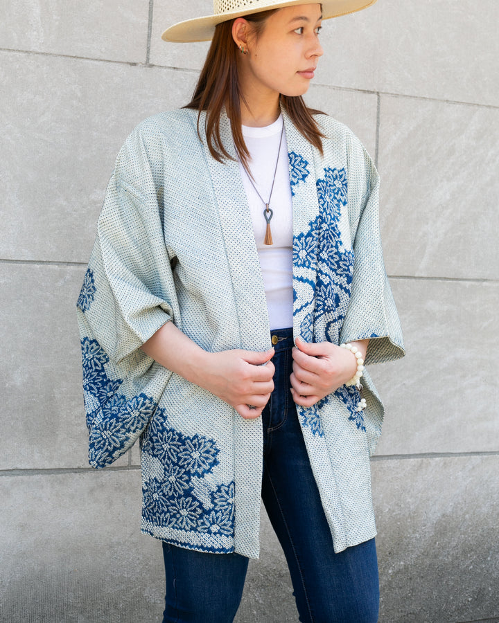 Vintage Haori Jacket, Full Shibori, Light Blue with Blue Floral Patterns & Scenery