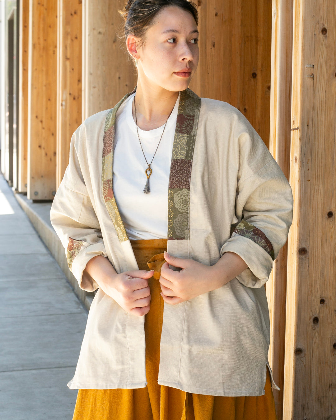 Kiriko Original Jacket, Modern Noragi, Cream and Multi Patchwork, Azuki and Gold