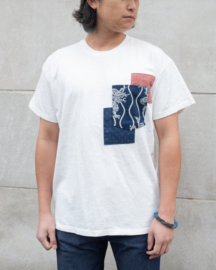 Kiriko Original Tee, 8oz Cotton, Patched Pocket Tee, White with Navy Dragon