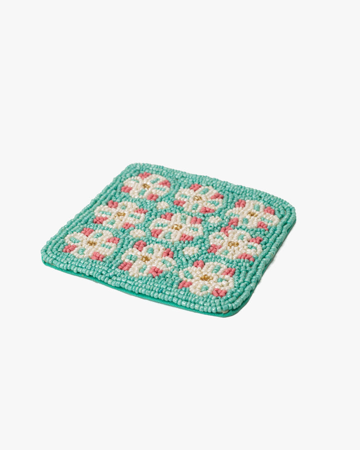 Coaster, Bisque, Beaded Flower Pattern Mint