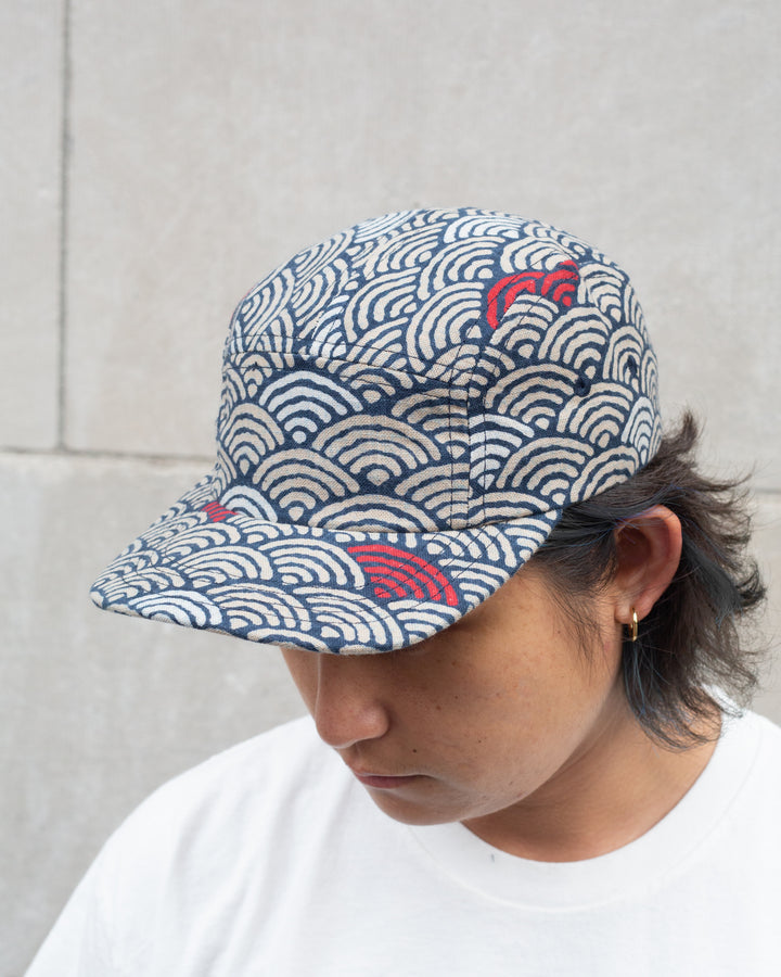 Kiriko Original Cap, 5-Panel Indigo Seigaiha with Red