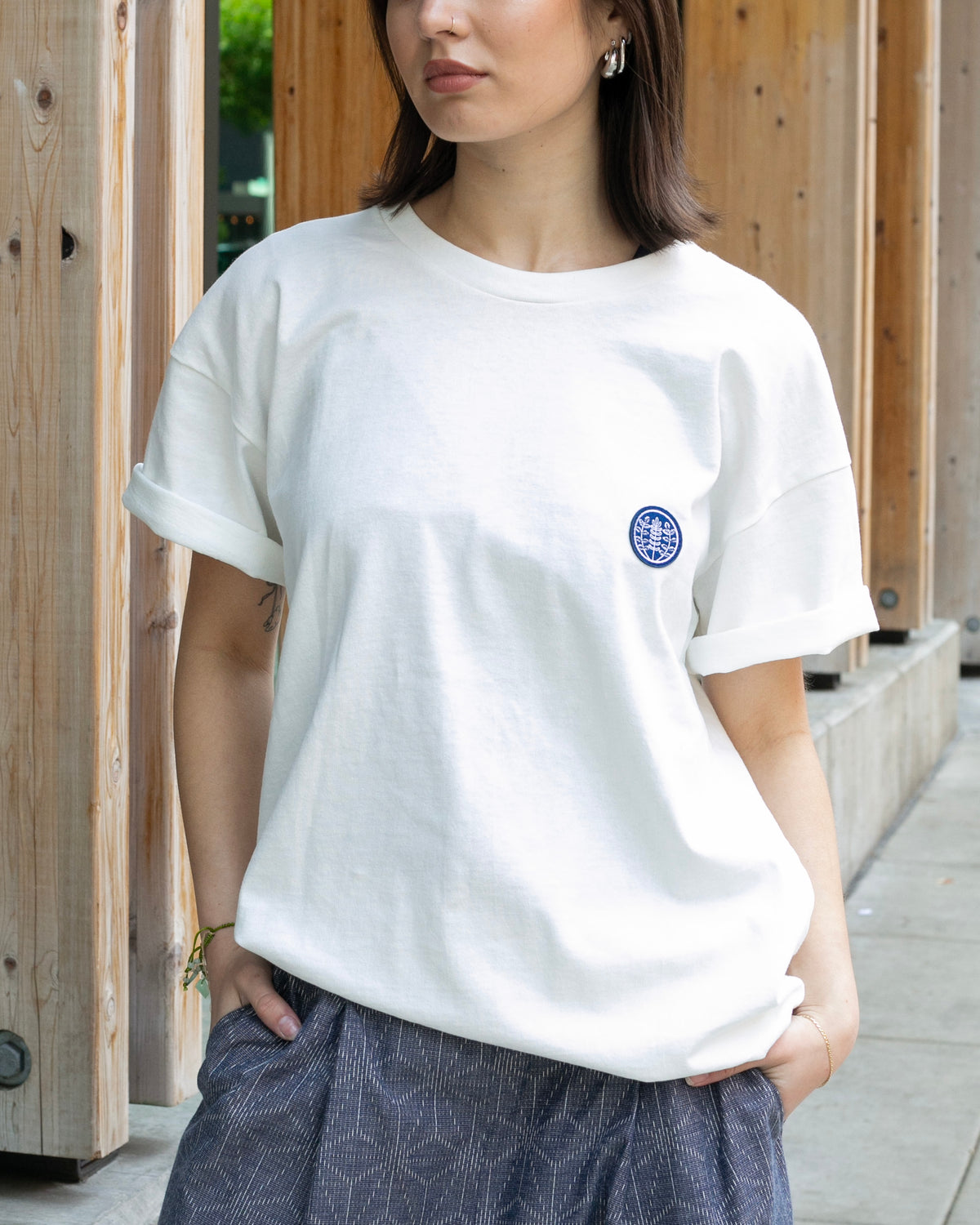 Kiriko Original Tee, 8 oz Cotton,  White with Navy Jacquard Weave Inlay