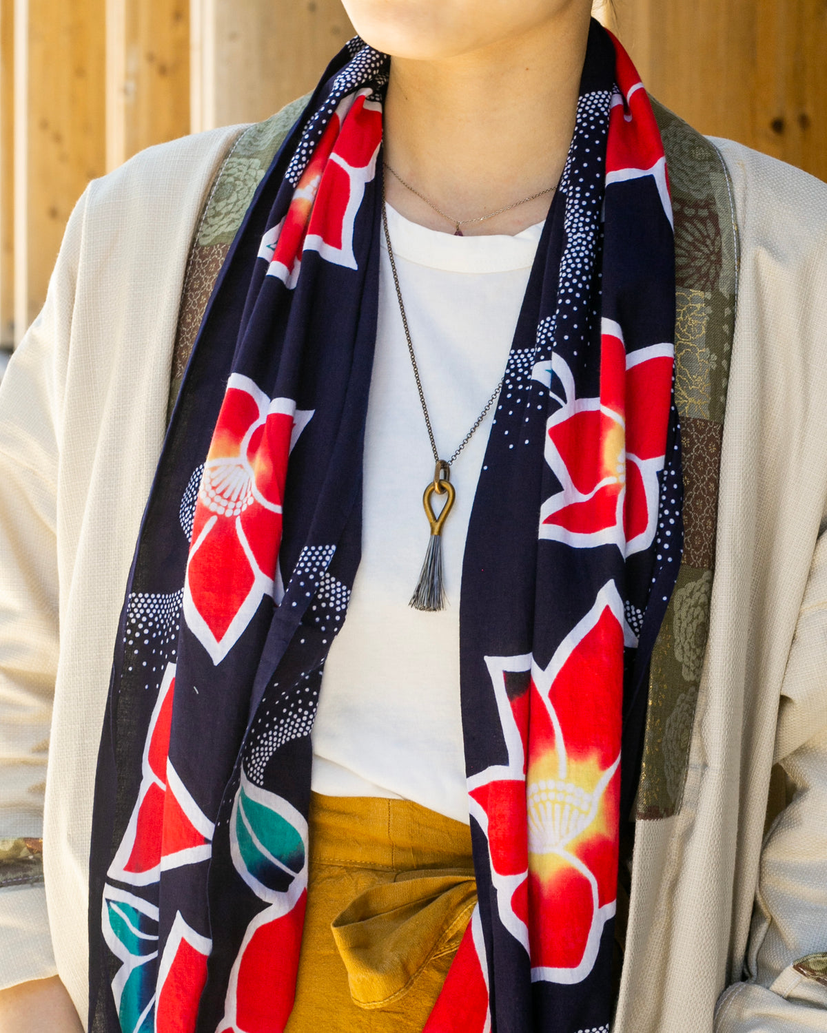 Kiriko Original Scarf, Yukata, Dark Navy with Red Hydrangeas and Dotted Waves