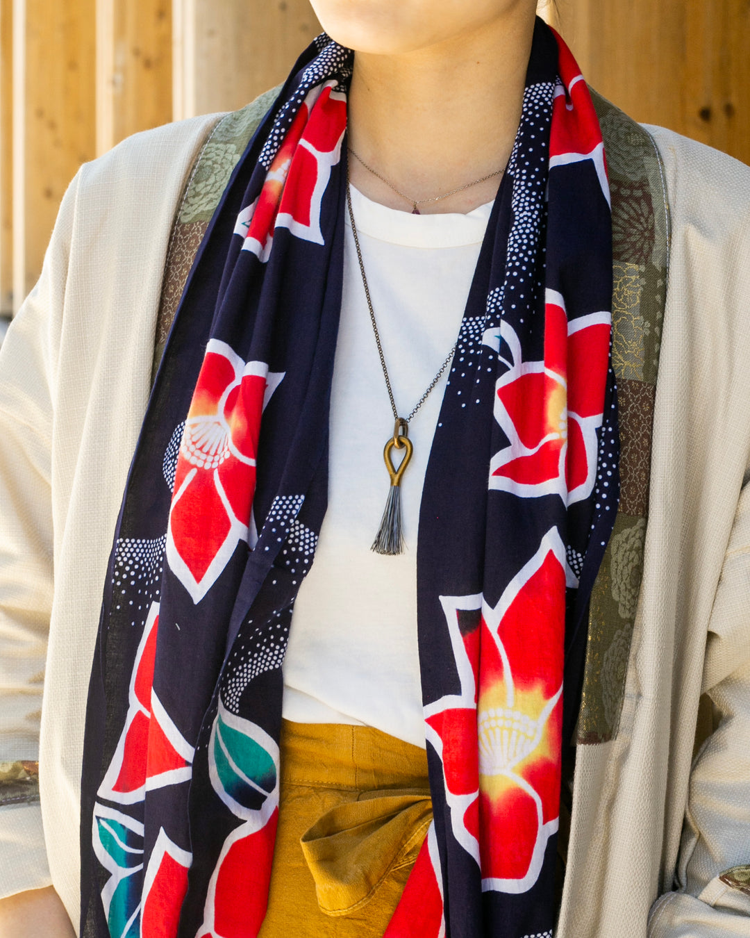 Kiriko Original Scarf, Yukata, Dark Navy with Red Hydrangeas and Dotted Waves