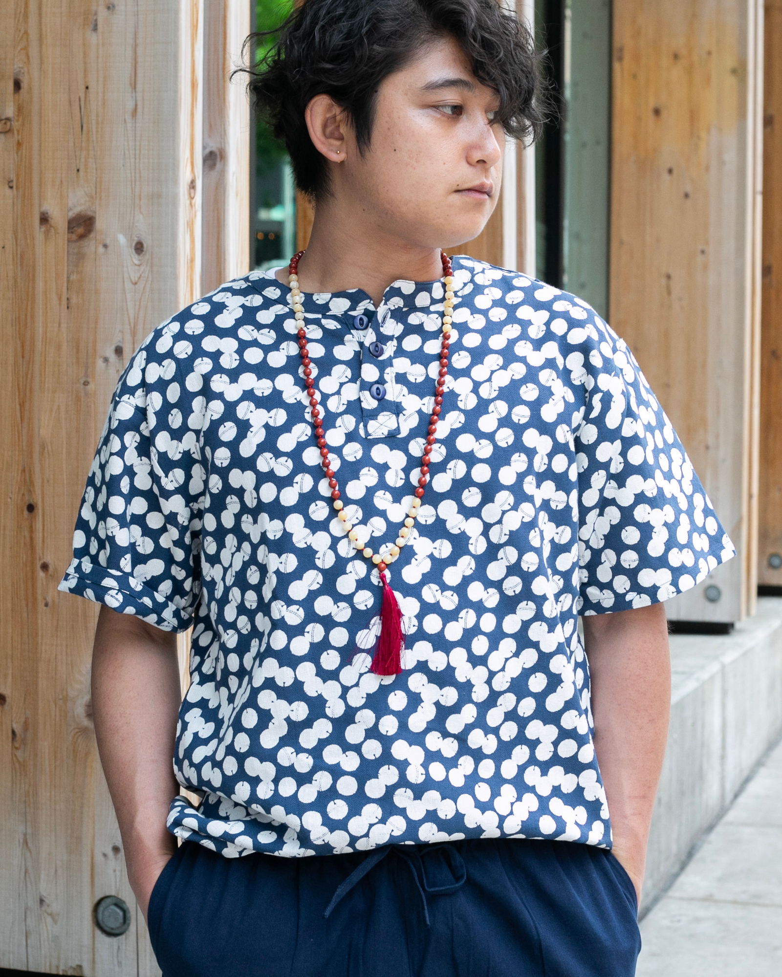Wa-Modern, Short Sleeve Button Up Tunic, Blue