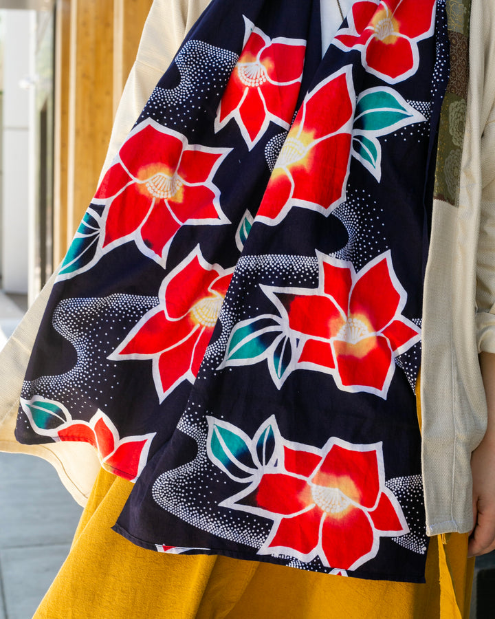 Kiriko Original Scarf, Yukata, Dark Navy with Red Hydrangeas and Dotted Waves