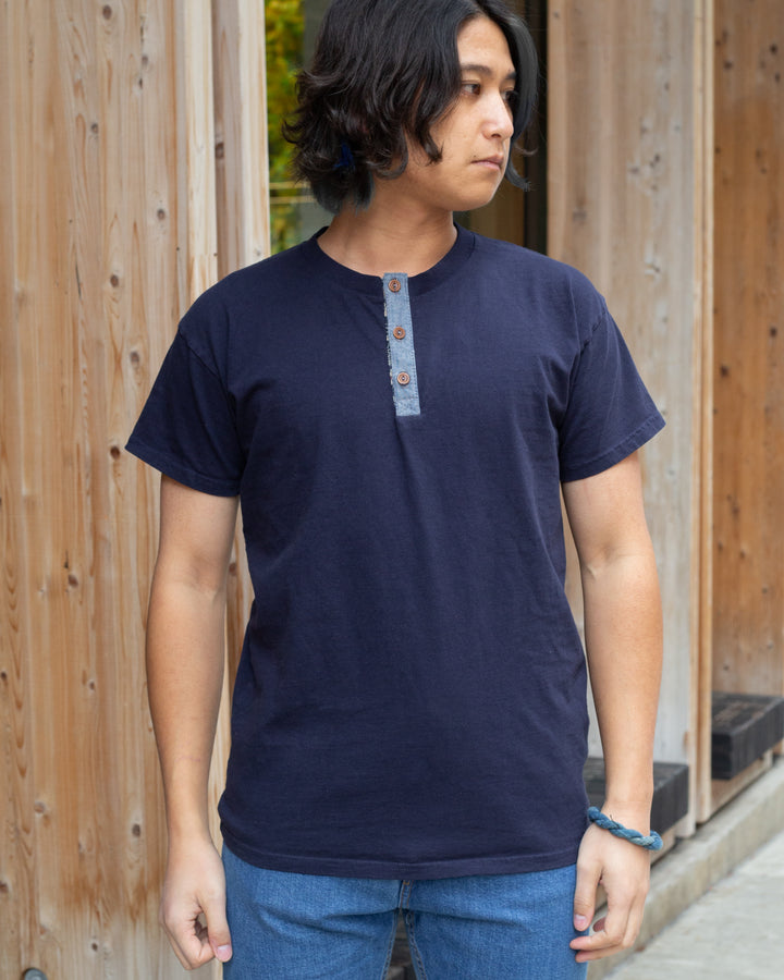 Kiriko Original Tee, 8oz Cotton, Henley Button Tee, Navy with Denim, Small Tsubaki