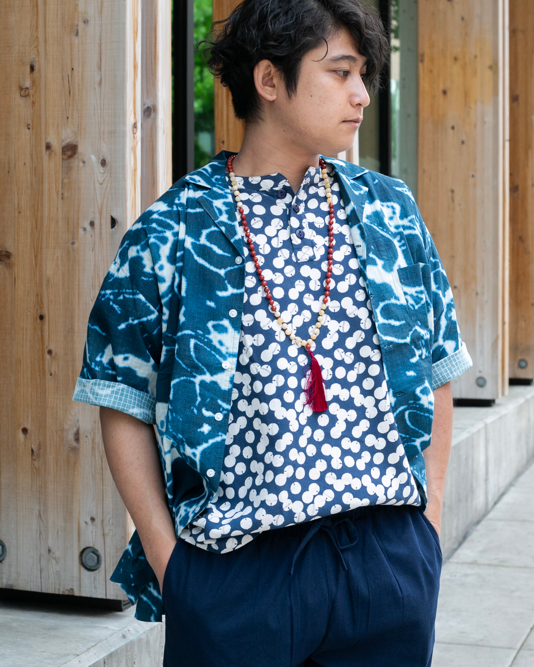 Wa-Modern, Short Sleeve Ripstop Button Up Shirt, Ruri