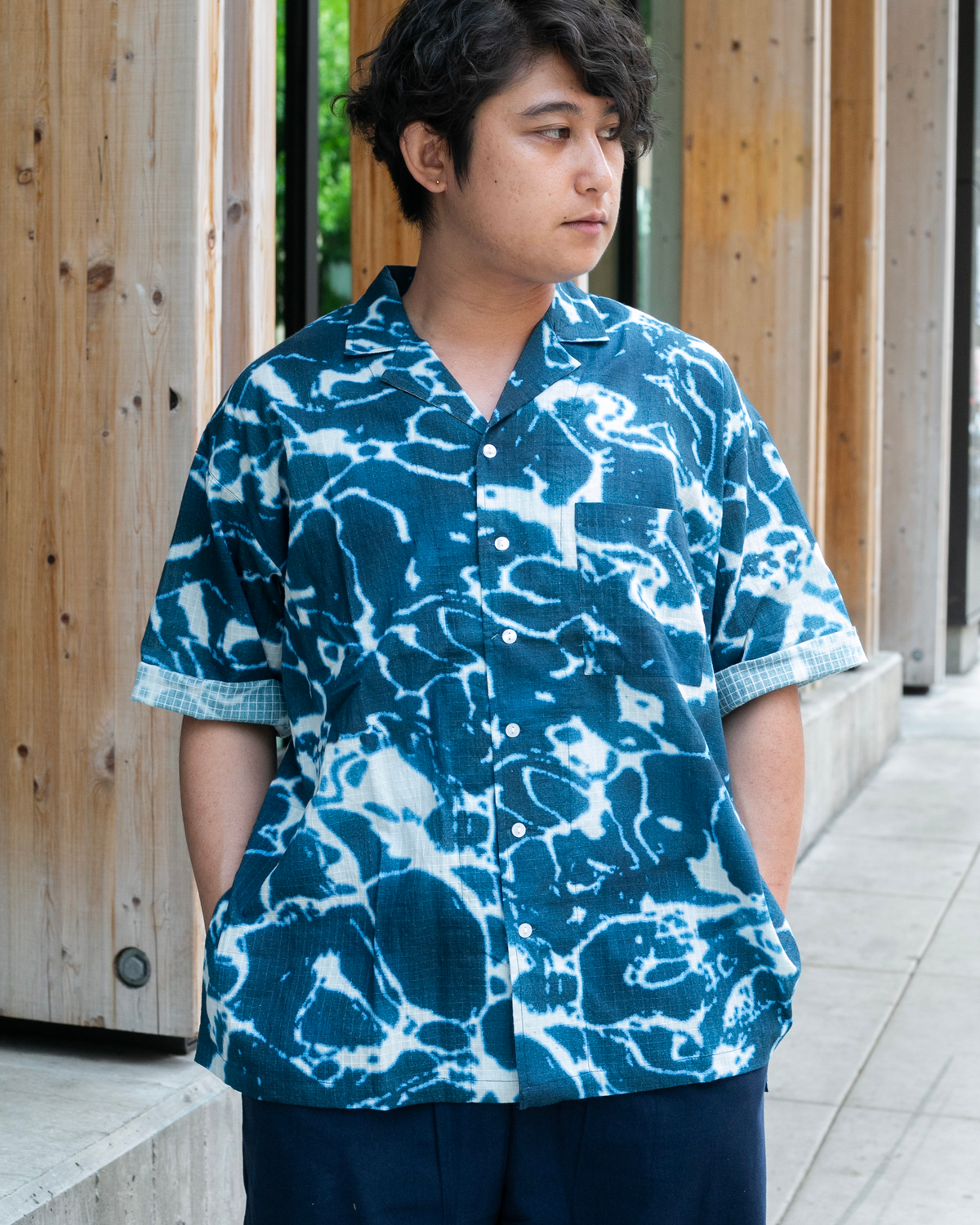 Wa-Modern, Short Sleeve Ripstop Button Up Shirt, Ruri