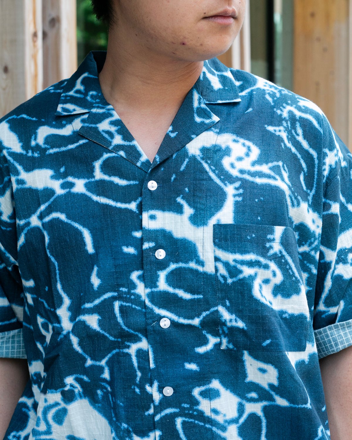 Wa-Modern, Short Sleeve Ripstop Button Up Shirt, Ruri