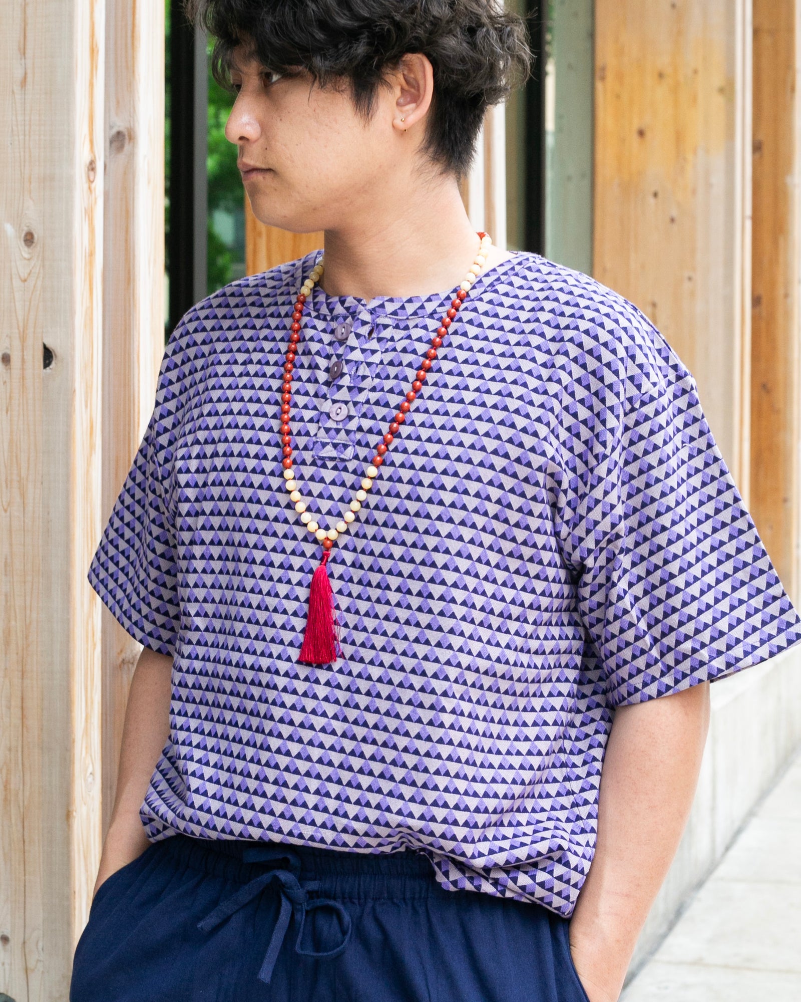 Wa-Modern, Short Sleeve Button Up Tunic, Purple