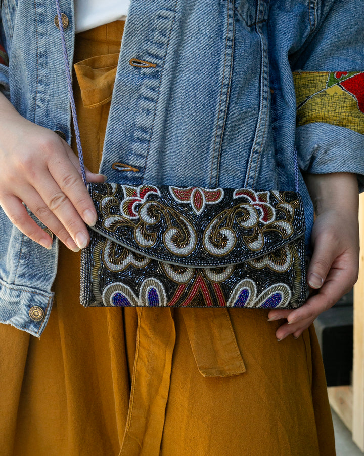 Vintage Bag, Clutch, Beaded, Black with Multicolor Floral Pattern