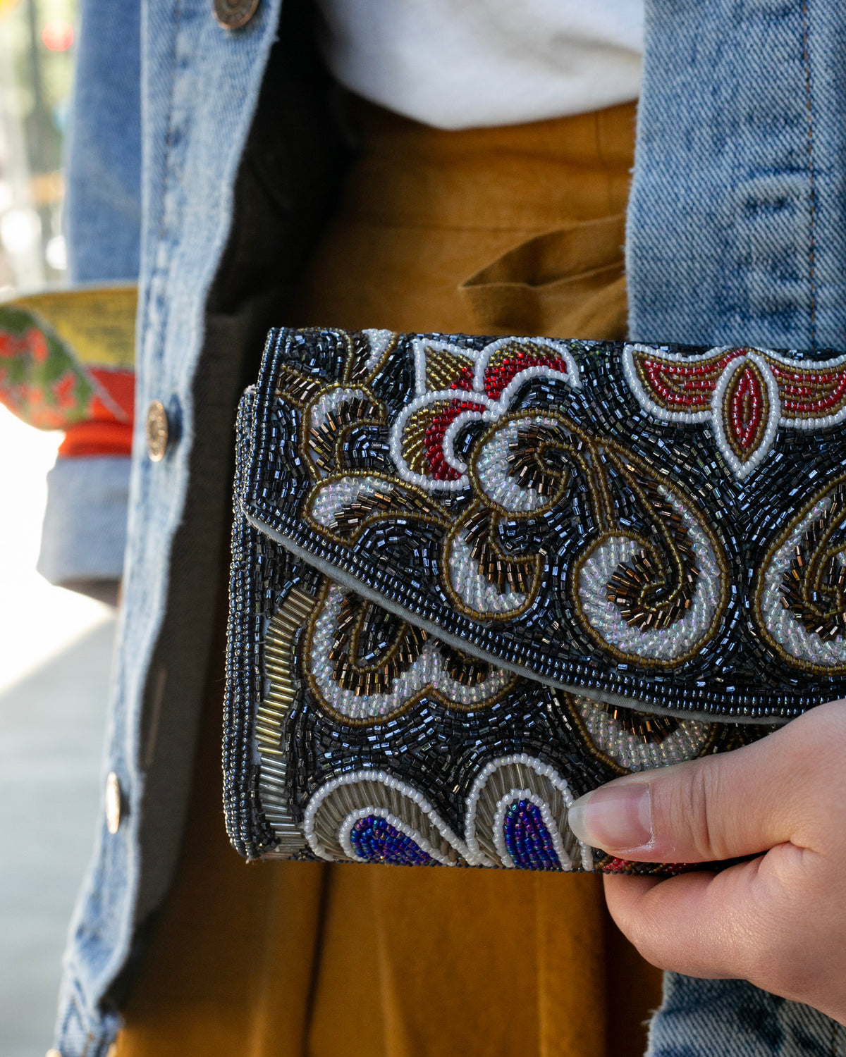Vintage Bag, Clutch, Beaded, Black with Multicolor Floral Pattern