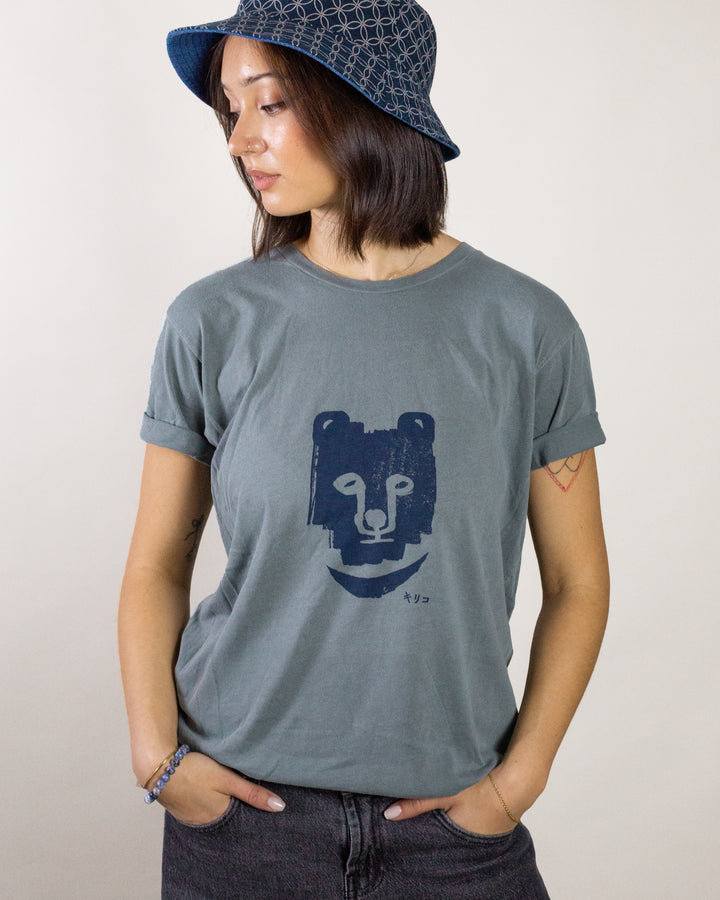 Kiriko Original Tee, 6oz Cotton, Printed Kuma, Semamori Embroidery, Slate Blue