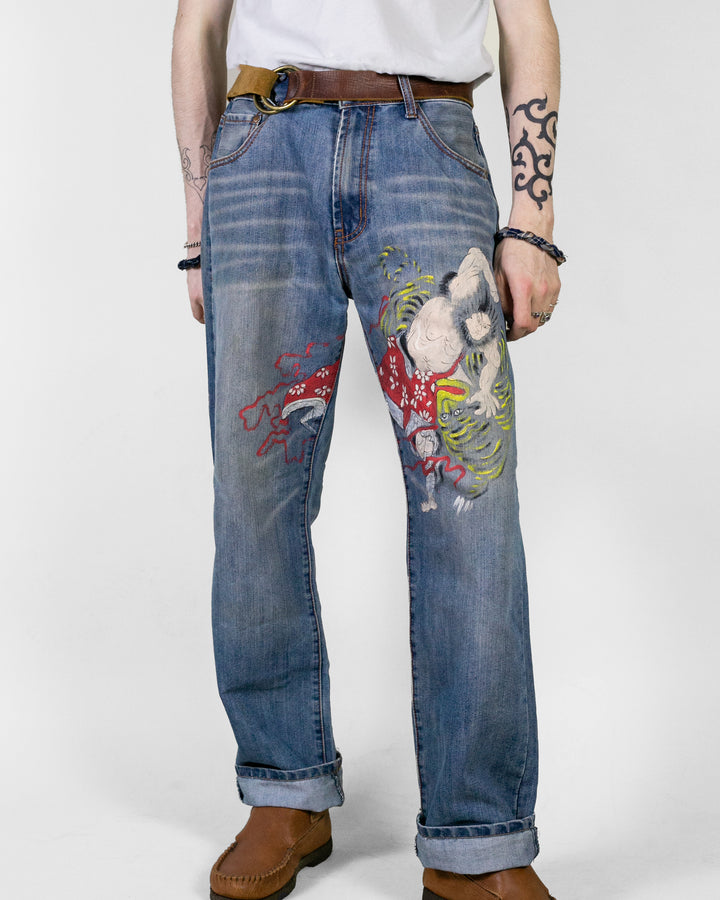 Japanese Repro Denim Jeans, Zen Clothing, Hand Painted Samurai - 34