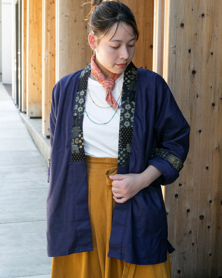 Kiriko Original Jacket, Modern Noragi, Indigo and Multi Patchwork, Dark Teal and Gold