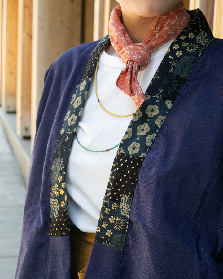 Kiriko Original Jacket, Modern Noragi, Indigo and Multi Patchwork, Dark Teal and Gold