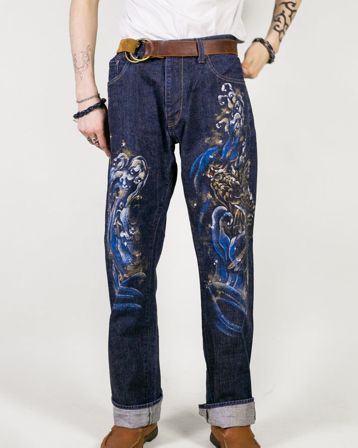 Japanese Repro Denim Jeans, Zen Clothing, Hand Painted - 36