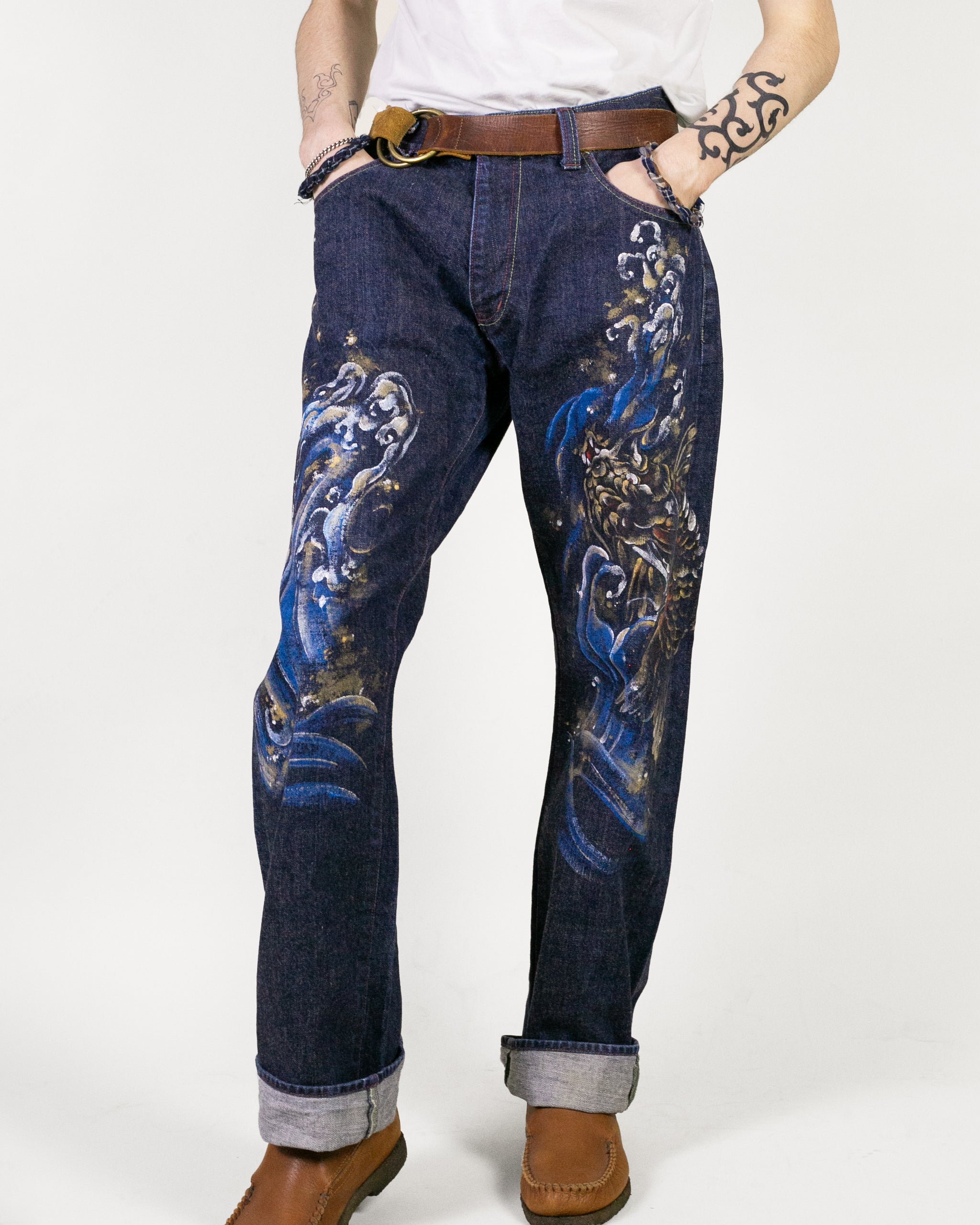 Jin様＊kyo＊Jiji＊Handmadeオーダー Japanese Repro Denim Jeans, Zen Clothing, Hand Painted - 36