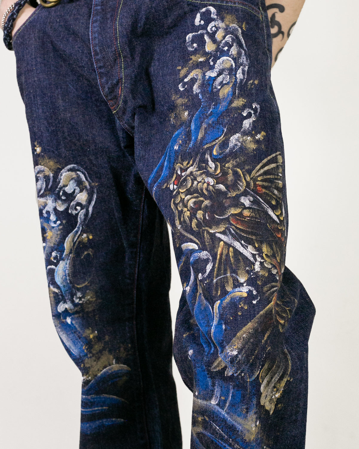 Japanese Repro Denim Jeans, Zen Clothing, Hand Painted - 36