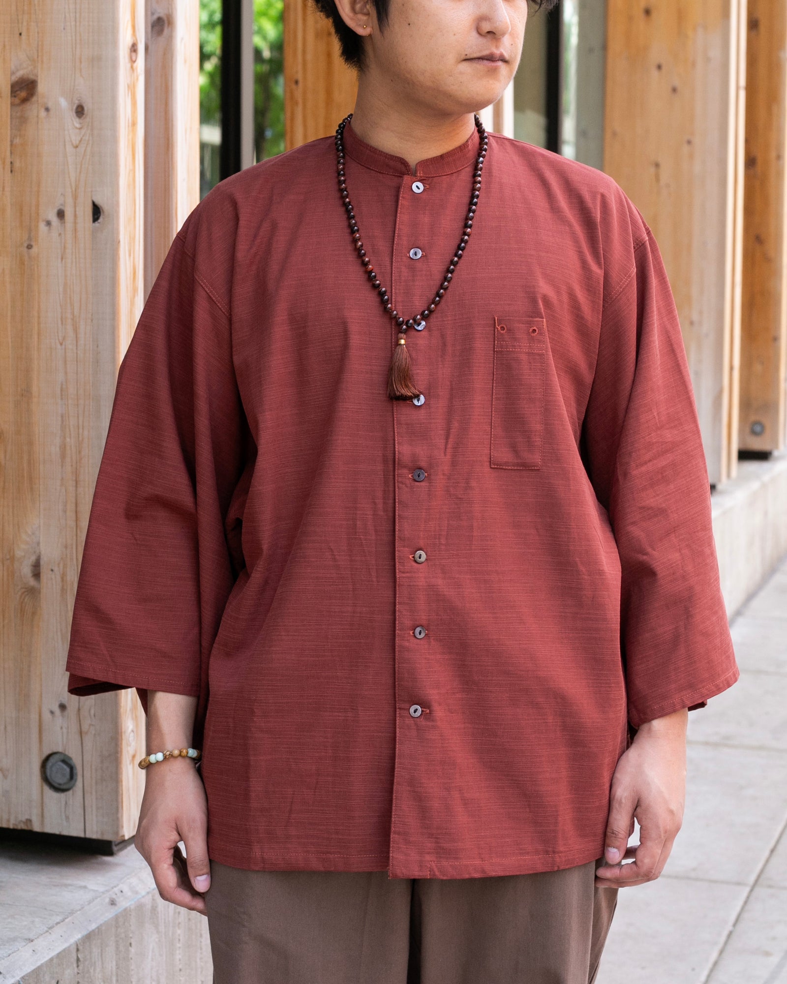 Wa-Modern, Long Sleeve Button Up Tunic, Embroidered, Red