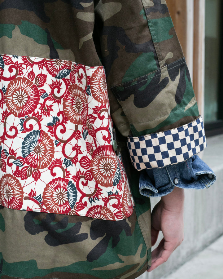 Kiriko Custom Military Jacket, Camo Patched, Kiku-Karakusa
