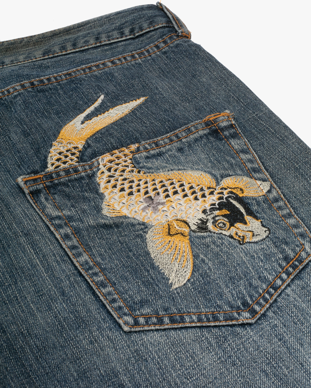 Japanese Repro Denim Jeans, Ann Do, Embroidered Koi and Floral Lining - 38"