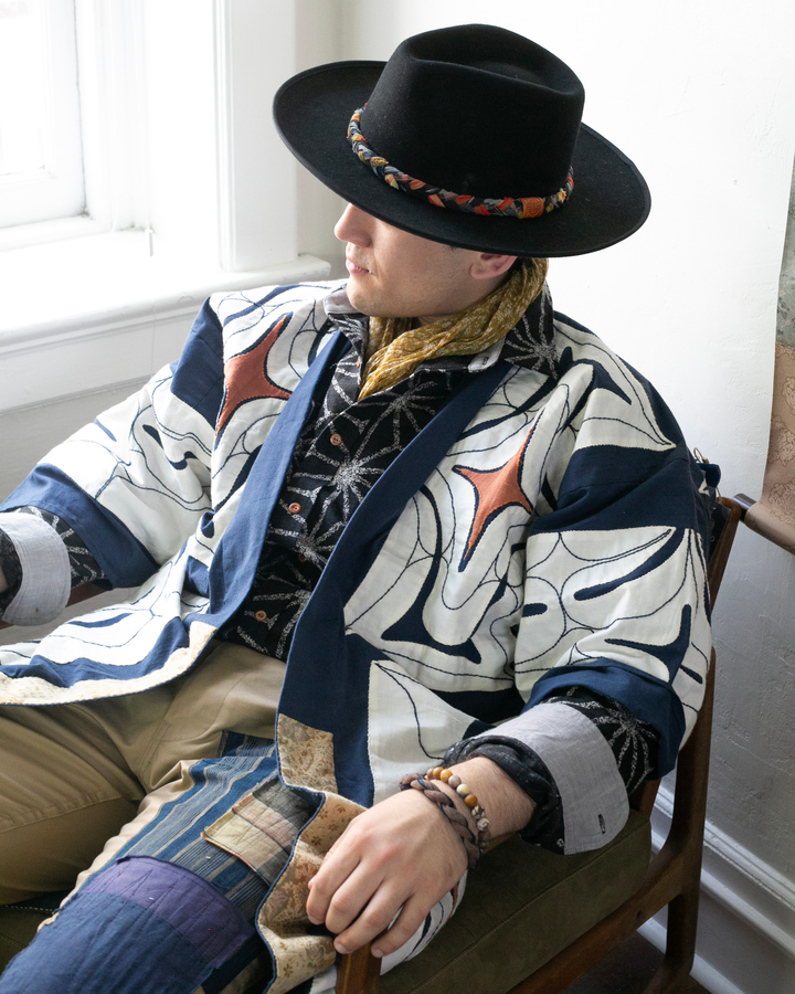 Vintage Ainu Jacket, Navy with White and Salmon Accents