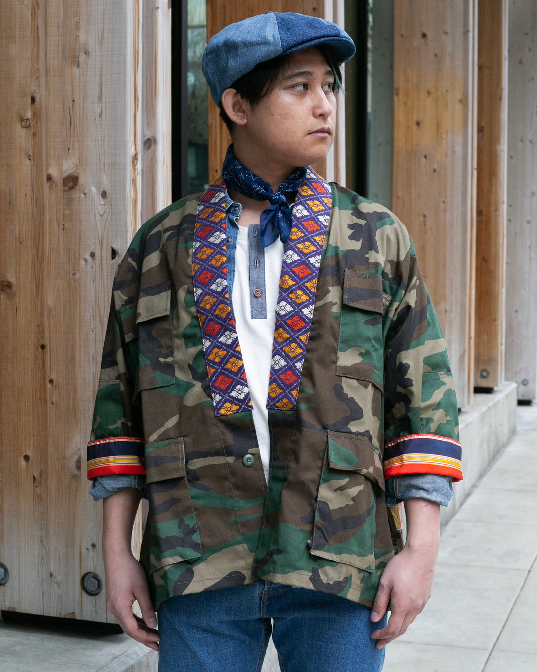 Kiriko Custom Military Jacket, Camo Patched, Circular Gold Crane