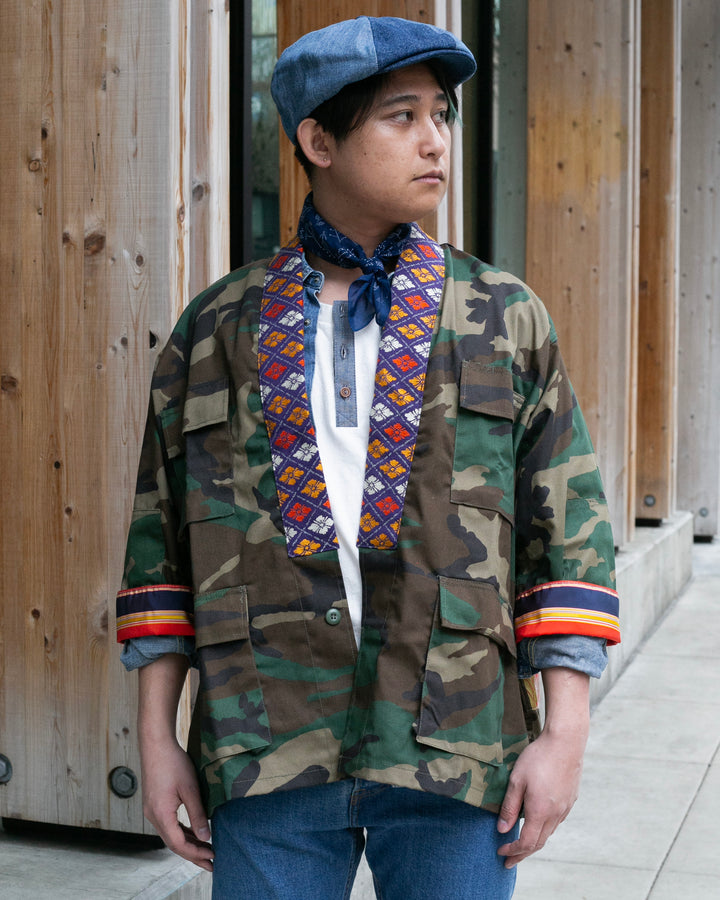 Kiriko Custom Military Jacket, Camo Patched, Circular Gold Crane
