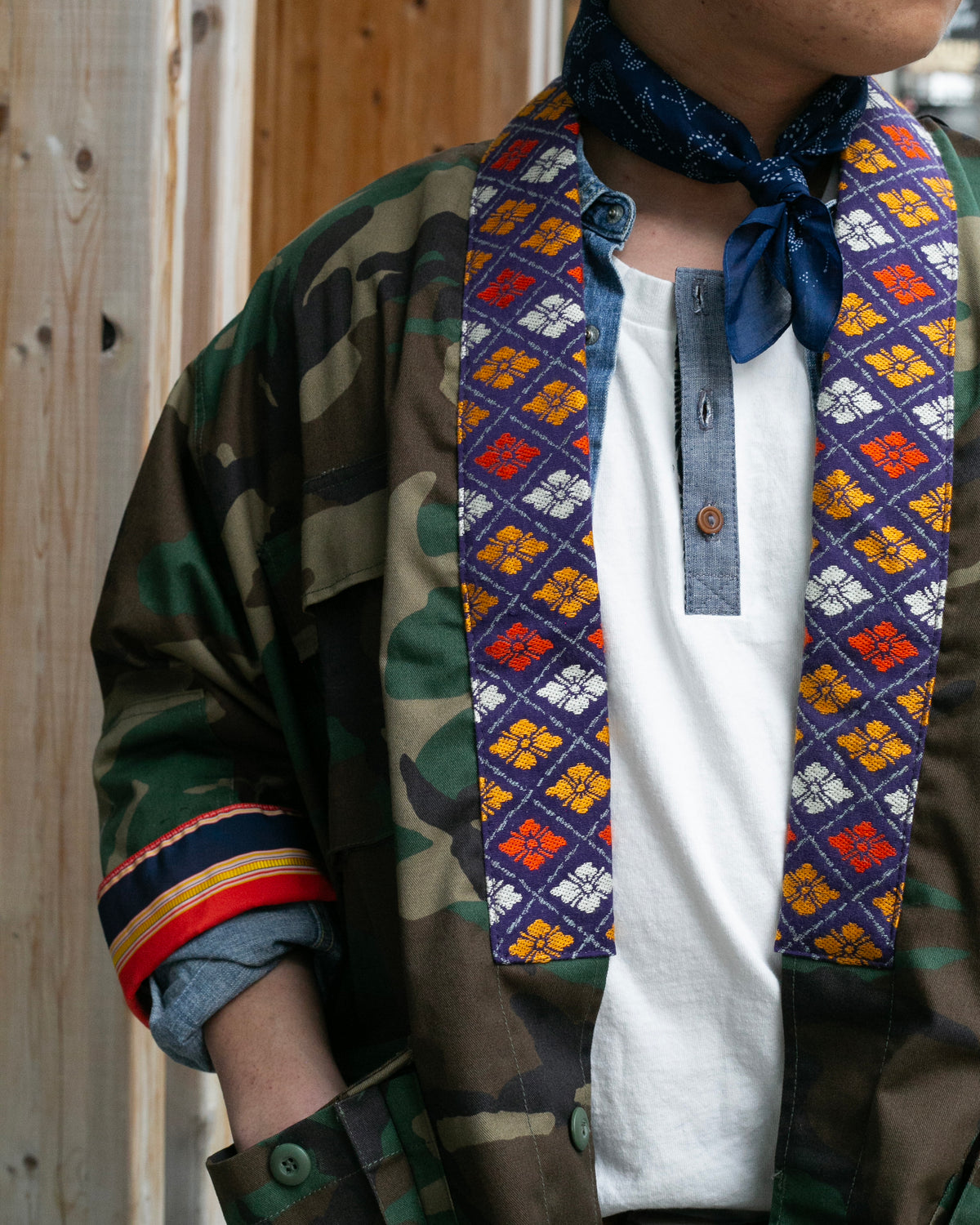 Kiriko Custom Military Jacket, Camo Patched, Circular Gold Crane