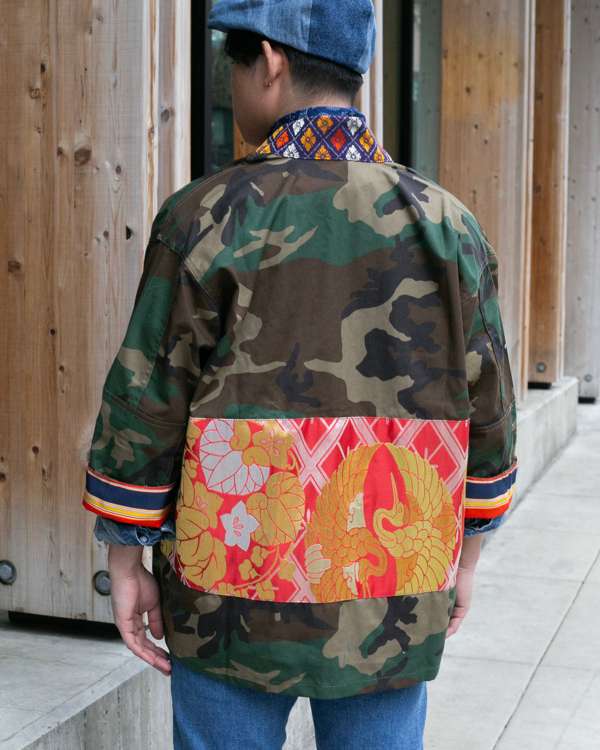 Kiriko Custom Military Jacket, Camo Patched, Circular Gold Crane