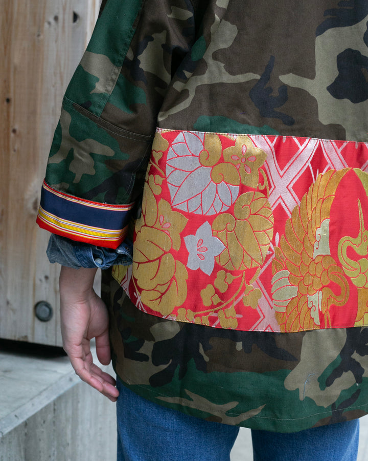 Kiriko Custom Military Jacket, Camo Patched, Circular Gold Crane