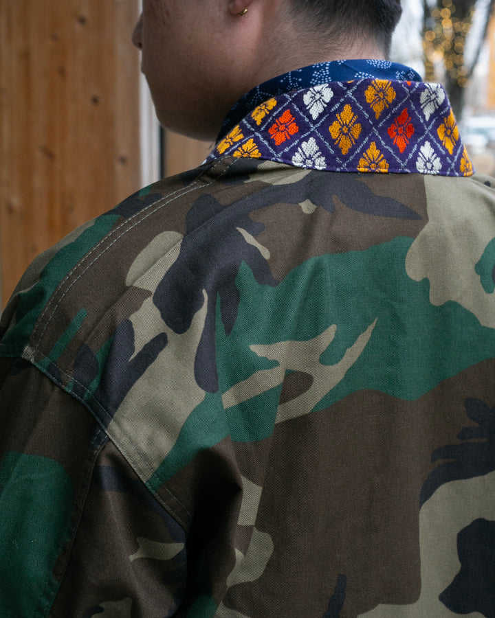 Kiriko Custom Military Jacket, Camo Patched, Circular Gold Crane