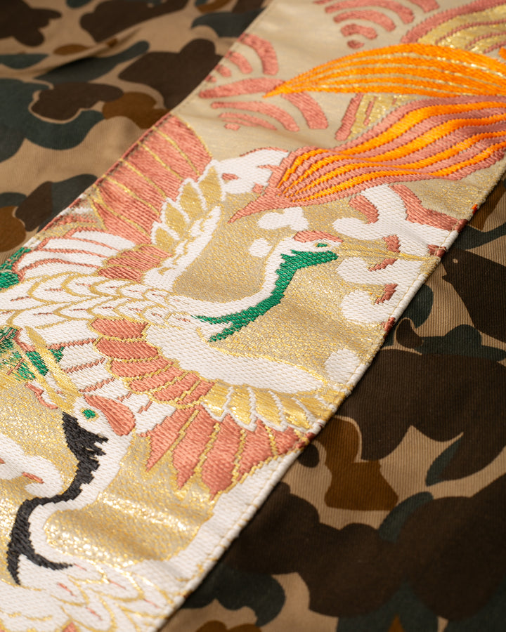 Kiriko Custom Military Jacket, Camo Patched, Double Crane Obi with Hishi Webbing, Yagasuri and Orange Pocket Flaps