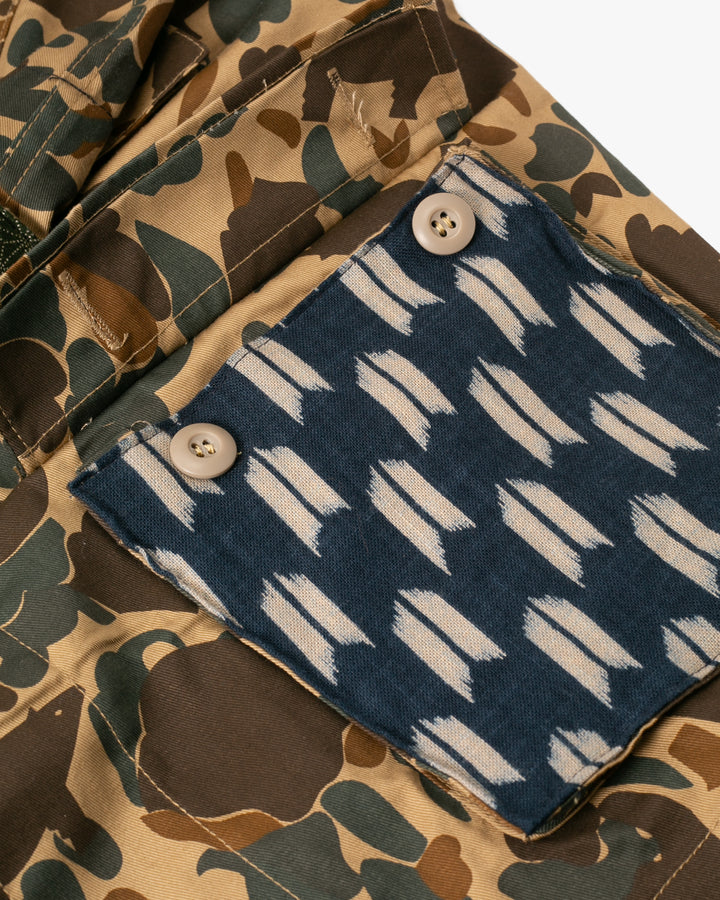 Kiriko Custom Military Jacket, Camo Patched, Double Crane Obi with Hishi Webbing, Yagasuri and Orange Pocket Flaps