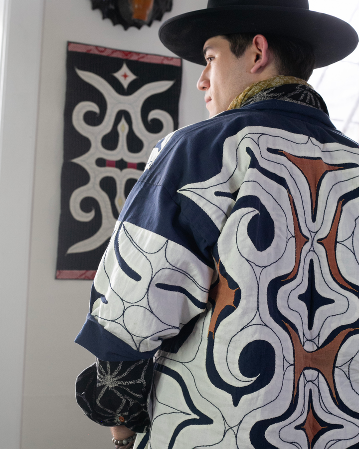 Vintage Ainu Robe, Navy with White and Salmon Accents