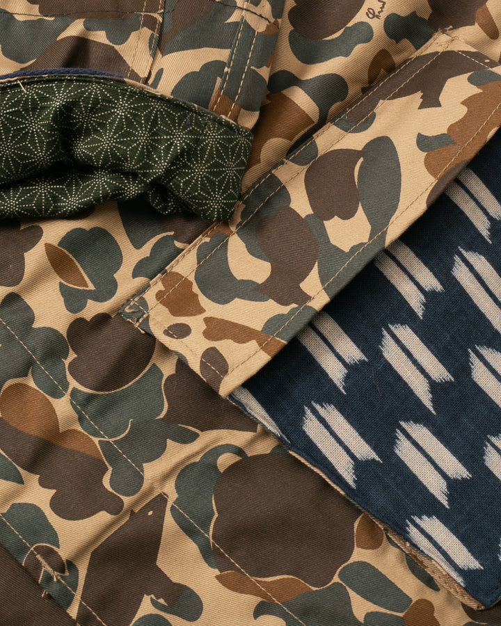 Kiriko Custom Military Jacket, Camo Patched, Double Crane Obi with Hishi Webbing, Yagasuri and Orange Pocket Flaps